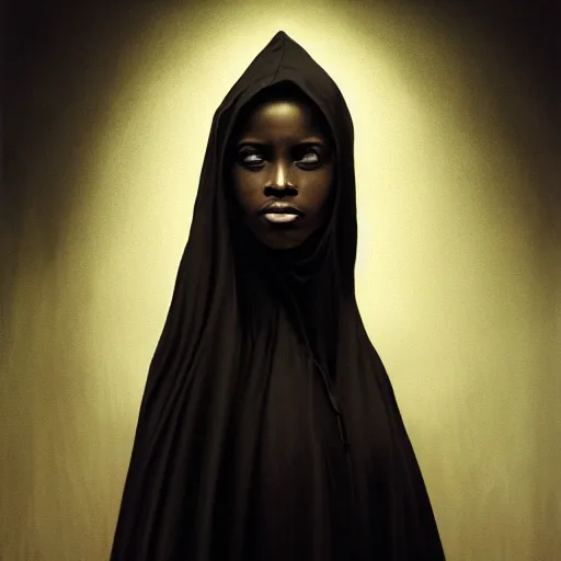 Image similar to a portrait of a young black woman wearing a long dark cloak, hood and shadows covering face, anatomically correct, beautiful perfect face, enigmatic, oil painting, matte painting, black background, Volumetric Golden dappled dynamic lighting, Highly Detailed, Cinematic Lighting, Unreal Engine, 8k, HD, by Beksinski