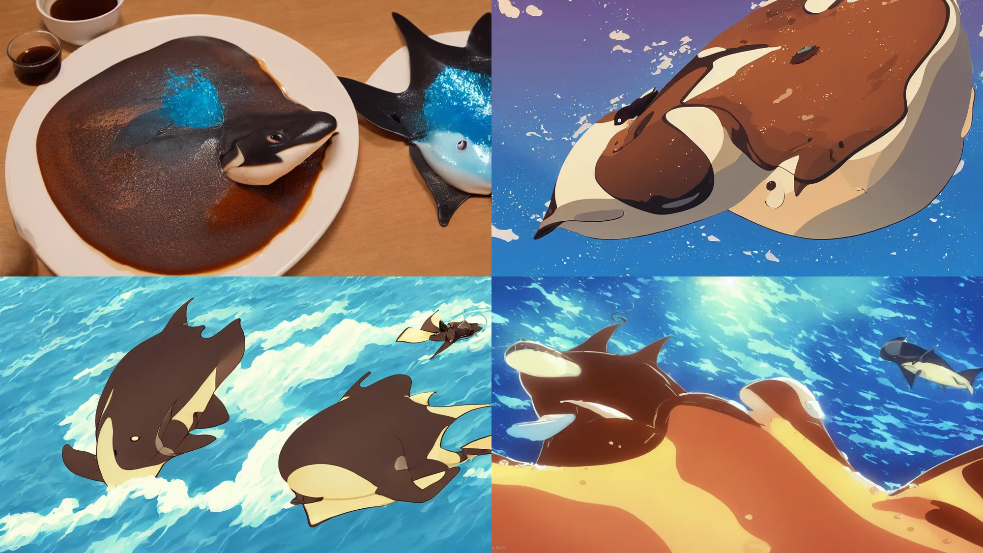 Prompt: a brown pancake manta ray swimming in maple syrup, cute, 4 k, 8 k, maple syrup fluid, fantasy food world, living food adorable pancake, golden brown atmospheric lighting, detailed award - winning beautiful lighting composition, by makoto shinkai, studio ghibli