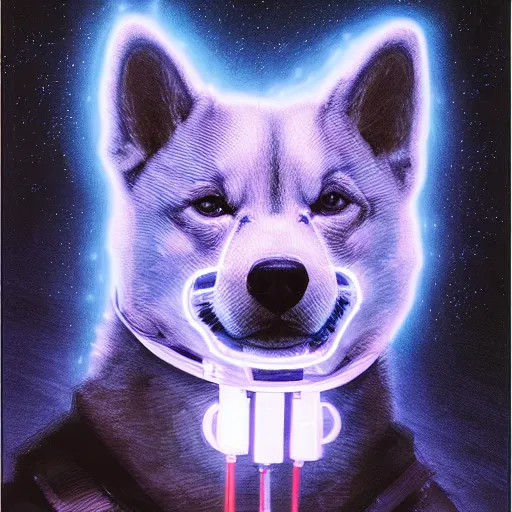 Prompt: tesla power armor realistic cyborg anthropomorphic shiba inu scifi kirlian photography electric field glowing, cyberpunk x - ray, portrait art by donato giancola and greg rutkowski, realistic face, x - ray fields glowing in tesla electricity visible magnetic field, digital art, trending on artstation, symmetry