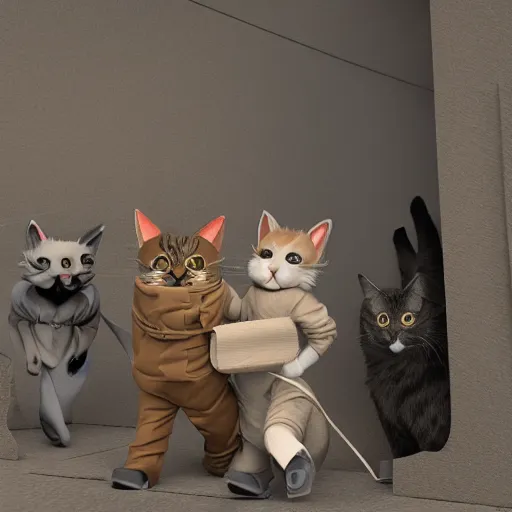 Image similar to three cats inside a trench coat disguised as one trying to sneak into a venue, artstation, ultra detailed, highly defined, octane render