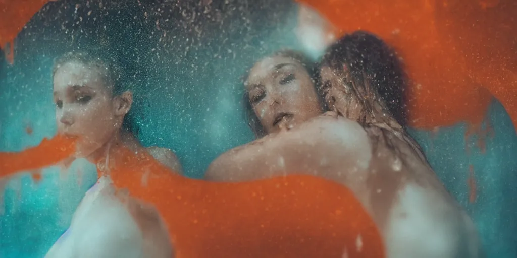 Image similar to a blurry closeup picture of gorgeous human bodies intertwined, female bodies, dripping wet, macro photography, long exposure photograph, surrealism, anamorphic bokeh, cozy, soft light, cyan and orange, caustic, atmospheric fog, octane render, cinematic