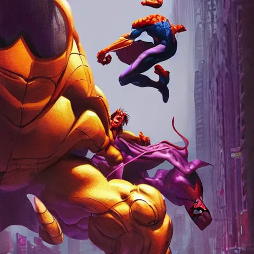 Prompt: the maxx vs spiderman, mtv liquid television, greg rutkowski, trending on artstation