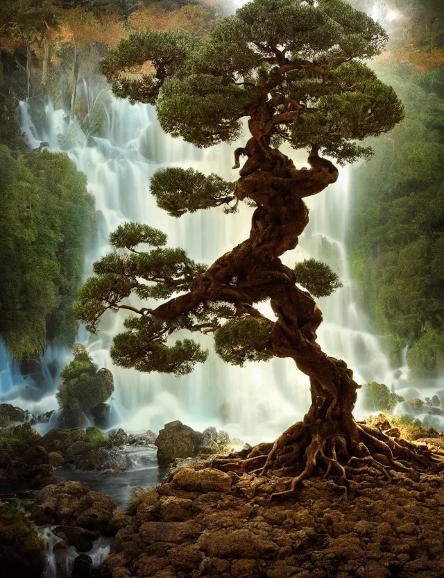 Prompt: a photo of a bonsai shaped epic ancient olive tree glowing lights in the branches with buttressed roots rising above a cairn with waterfalls and rivulets of water running down into an underground lake at dawn by james jean by pascal blanche, at dawn, volumetric light, spirals, recursion