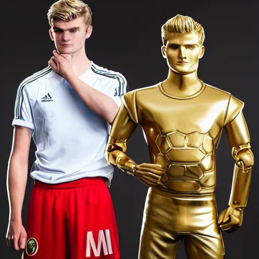 Image similar to a realistic detailed photo of a guy who is an attractive humanoid who is half robot and half humanoid, who is a male android, soccer players martin ødegaard & timo werner, shiny skin, posing like a statue, blank stare, in a factory, on display, showing off his muscles, gold soccer shorts, side view, looking at each other mindlessly