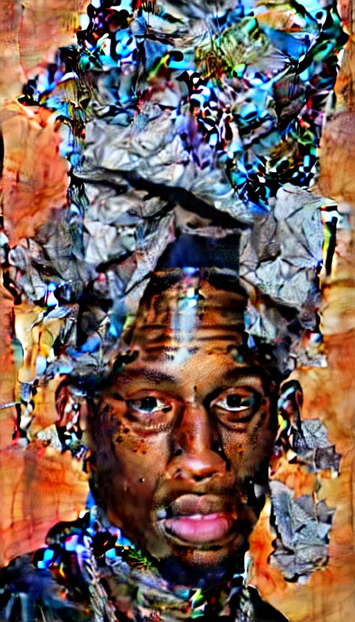 Prompt: rendered in blender travis scott with a trash bag on his head, collage paper and tape, acrylic on canvas, hyperrealism mixed with expressionism, high resolution, cinematic, unreal 6, breathtaking detailed, by blake neubert