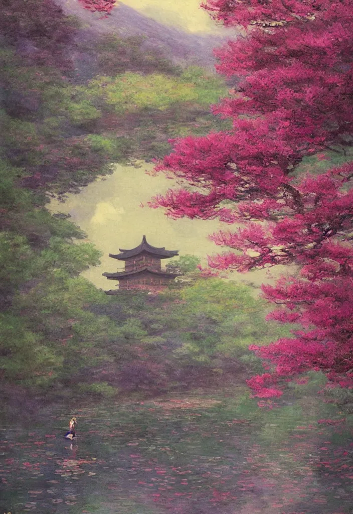 Prompt: tiny character in front of a beautiful japanese city in the mountain, amazing ryokans and gorgeous edo era houses. gorgeous epic nature, lofi, vivid colors, amazing light, by jeremy lipkin, by claude monet, heavily inspired by makoto shinkai, kandinsky touches, masterpiece, multiple brush strokes, impressionist style. divine