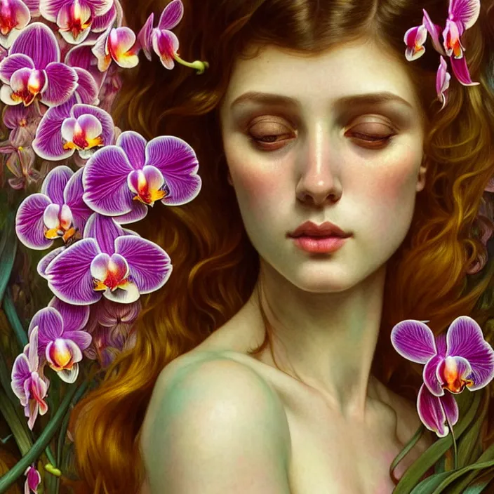 Prompt: psychedelic portrait of girl surrounded by orchids, diffuse lighting, fantasy, intricate, elegant, highly detailed, lifelike, photorealistic, digital painting, artstation, illustration, concept art, smooth, sharp focus, art by John Collier and Albert Aublet and Krenz Cushart and Artem Demura and Alphonse Mucha