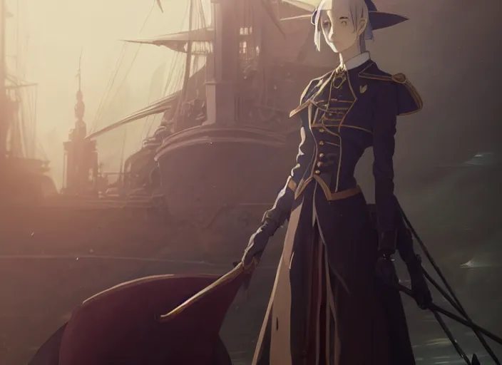 Prompt: portrait of lady maria, helm of second world war warship in background, illustration concept art anime key visual trending pixiv fanbox by wlop and greg rutkowski and makoto shinkai and studio ghibli and kyoto animation, astral witch clothes, steampunk, realistic anatomy, grimdark, volumetric lighting