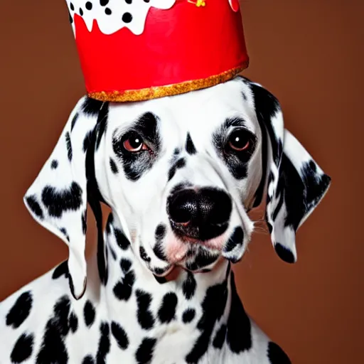 Image similar to female dalmatian with birthday hat eating birthday cake,