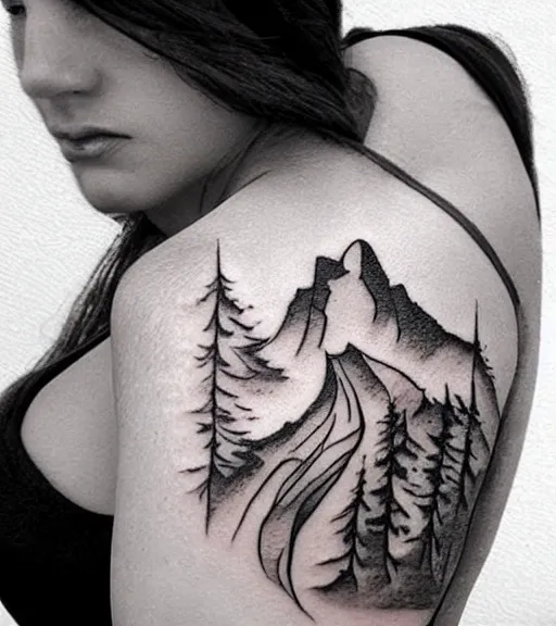 Image similar to tattoo design sketch of a beautiful woman face with a stunning mountain view faded background on her side, hyper - realistic, double exposure, in the style of matteo pasqualin, amazing detail, black and white, faded