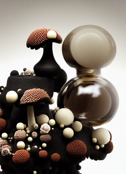 Prompt: perfume bottle surrounded sitting on a biomechanical black corals table made of corals, mushrooms, puffballs, rhizomorphs in an ivory room well contoured smooth fair walls, up close shot, sharp focus, global illumination, radiant light, alexandre ferra white mecha, irakli nadar, octane highly render, 4 k, ultra hd,