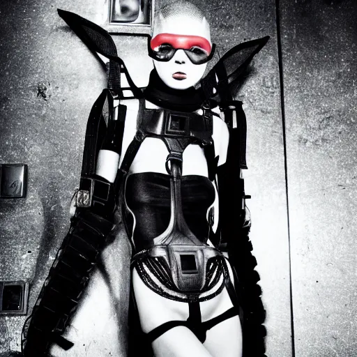 Image similar to fashion photography of an extraterrestrial model, wearing a black gas mask, wearing demobaza fashion, inside berghain, berlin fashion, harness, futuristic fashion, dark minimal outfit, photo 3 5 mm leica, hyperdetail, berghain, 8 k, very detailed, photo by nick knight