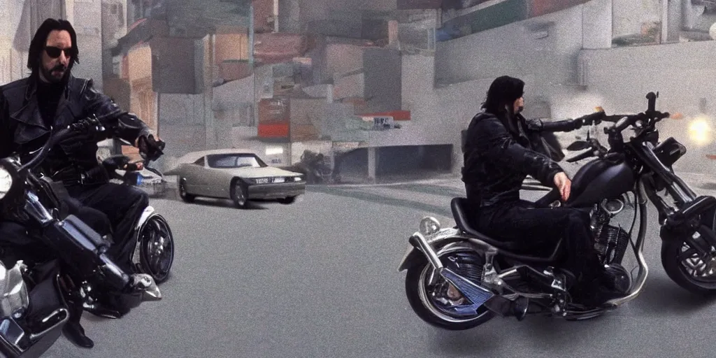 Image similar to beautiful hyperrealism three point perspective film still of Keanu Reeves as neo with machine gun in a motorcycle chase scene in Matrix(1990) extreme closeup portrait in style of 1990s frontiers in translucent porclein miniature street photography seinen manga fashion edition, miniature porcelain model, focus on face, eye contact, tilt shift style scene background, soft lighting, Kodak Portra 400, cinematic style, telephoto by Emmanuel Lubezki