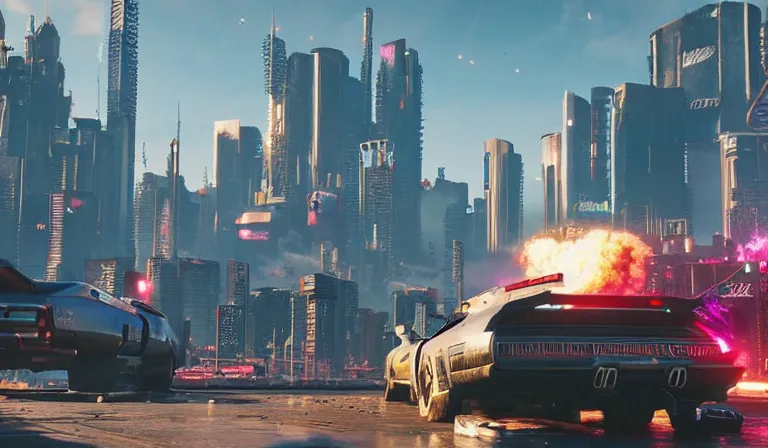 Prompt: cyberpunk 2077 city being destroyed by a nuclear bomb