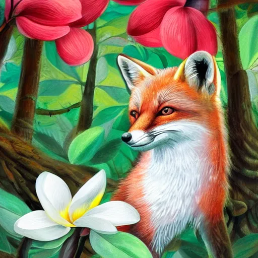 Image similar to small red fox in a forest full of white magnolias, fantasy, photorealistic, highly detailed