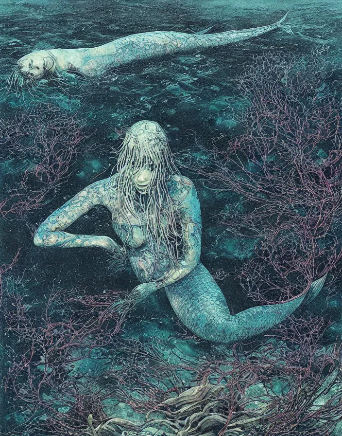 Prompt: a mermaid with big fins swimming deep underwater amongst seaweed and sea creatures, mermaid, beksinski painting, part by adrian ghenie and gerhard richter. art by takato yamamoto. masterpiece, dark and moody, deep colours, blue