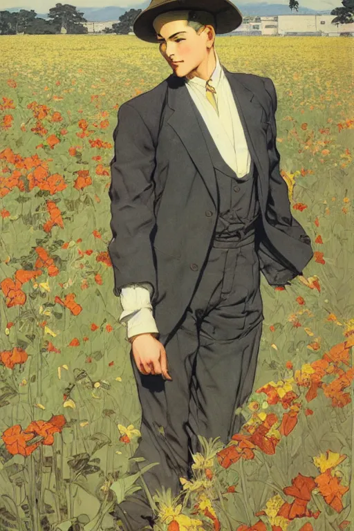 Image similar to attractive man in flower field, painting by j. c. leyendecker, yoji shinkawa, katayama bokuyo