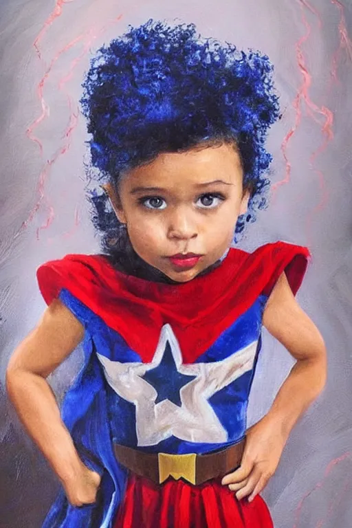 Prompt: a little girl with a mischievous face and light brown curly wavy hair. she is dressed as captain america, spider - man, batman, captain marvel, a superhero. clean elegant painting, beautiful detailed face.