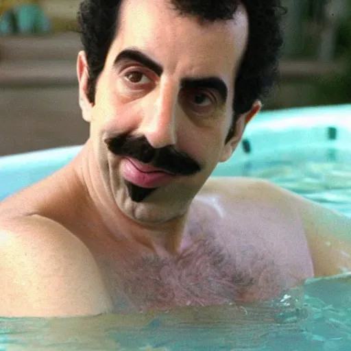 Image similar to borat smoking a joint in a hot tub