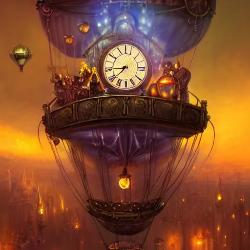 Image similar to a beautiful stunning fantasy whimsical matte digital illustration of a scene of a steampunk hot - air balloon over a lit steampunk city at night by marc simonetti, pastel color palette, disney magic the gathering steampunk!!!, chiaroscuro magical! bokeh moon stars dramatic romantic! epic breathtaking, clock tower,, trending on artstation hq, masterpiece