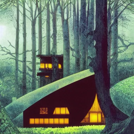 Prompt: A solar lush House in the woods, by Dave McKean and Studio Ghibli