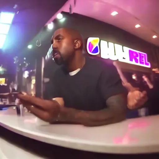 Image similar to blurry, gopro footage of kanye west eating at taco bell, cinematic, volumetric lighting, night, rain