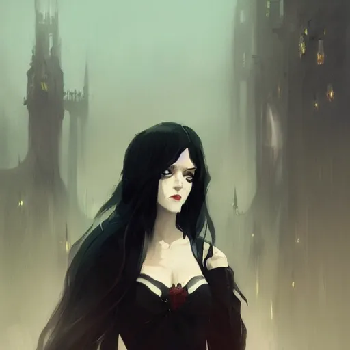 Image similar to female human vampire witch in the style of greg rutkowski, makoto shinkai, trending on artstation, character design, concept art, pretty face, highly detailed, long black hair, portrait, digital art