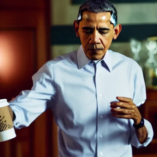 Prompt: blurry still of obama pouring lean in a doublecup, film grain, realistic face, insane detail