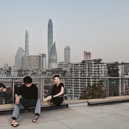 Image similar to a small rooftop with a couple of people sitting and watching the view, wearing black modern clothes, modern shanghai bund is on the background, sunset, by gregory crewdson