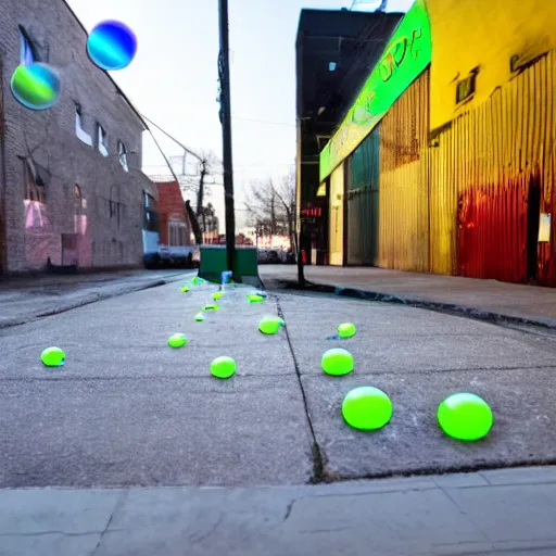 Prompt: a sidewalk covered in soap in front of a soap factory with a lit neon sign saying'soap factory ', bubbles float through the air