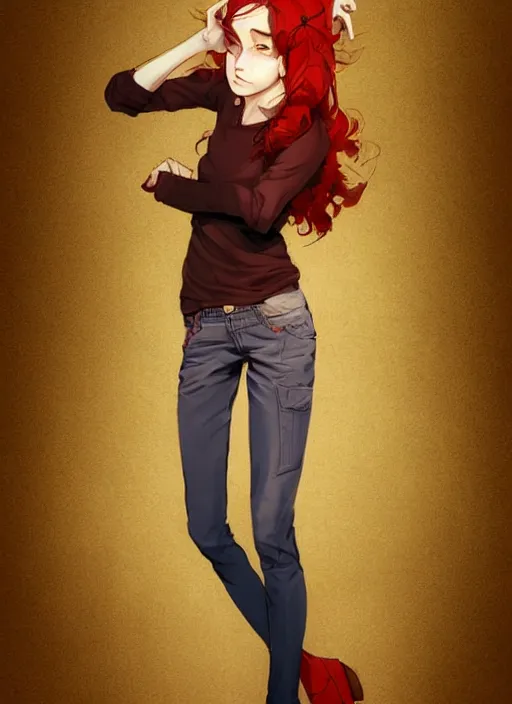 Image similar to full-body shot of an attractive tomboy girl with long, crimson red hair and red eyes, wearing a brown, open jacket and green jeans with a stern look, concept art, character design, by WLOP, by Ross Draws, by Tomine, by Satoshi Kon, by Rolf Armstrong