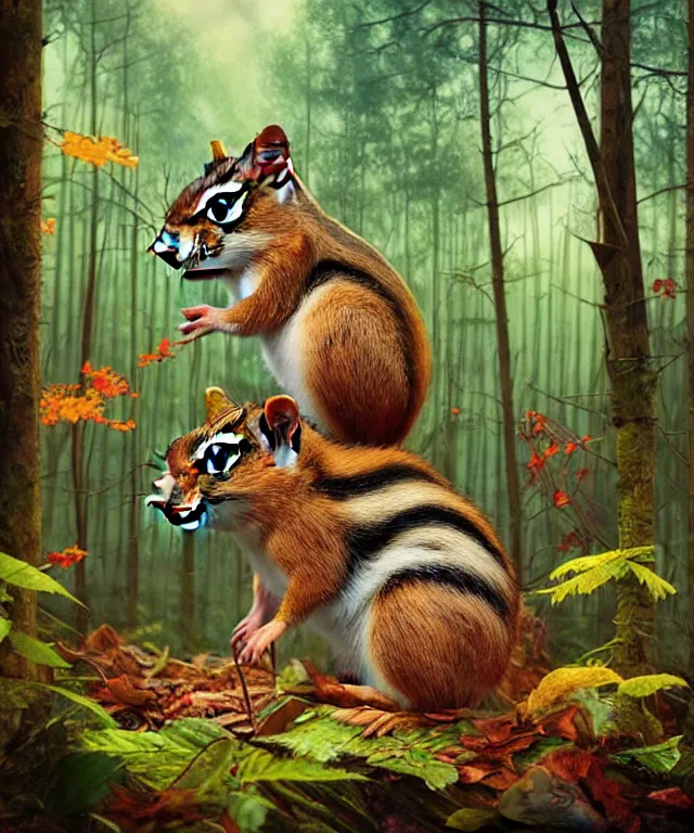 Image similar to a single realistic chipmunk, sitting in a psychedelic forest, wide angle landscape shot, pixar style by tristan eaton, artgerm and tom bagshaw