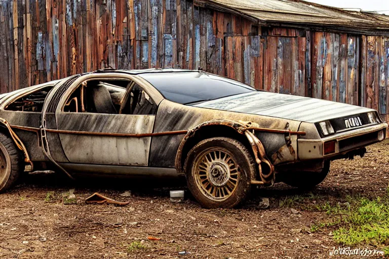 Prompt: rusty, derelict 1 9 2 2 delorean inside a dusty worn down old barn