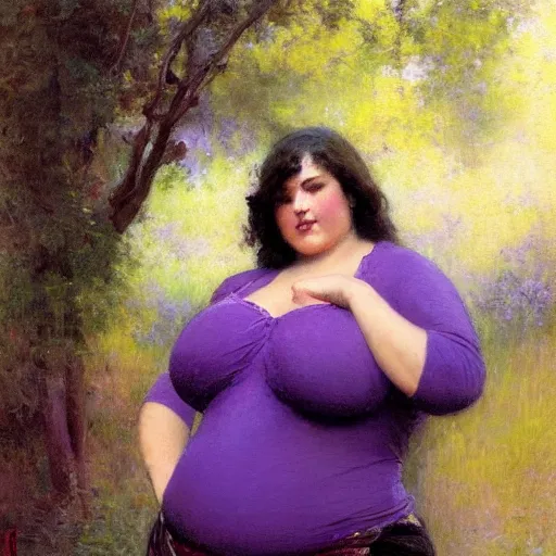 Image similar to a woman in a purple shirt with a chubby body type, painting by Gaston Bussiere, Craig Mullins