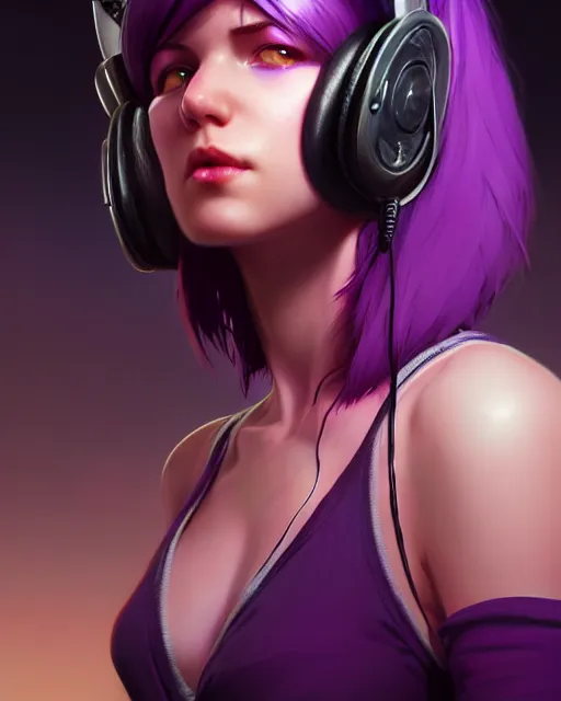 Image similar to stunningly beautiful purple haired female with headphones at home studio streaming games late at night, very detailed, 4 k, concept art like ernest khalimov, intricate details, highly detailed by greg rutkowski, ilya kuvshinov, gaston bussiere, craig mullins, simon bisley, backlit