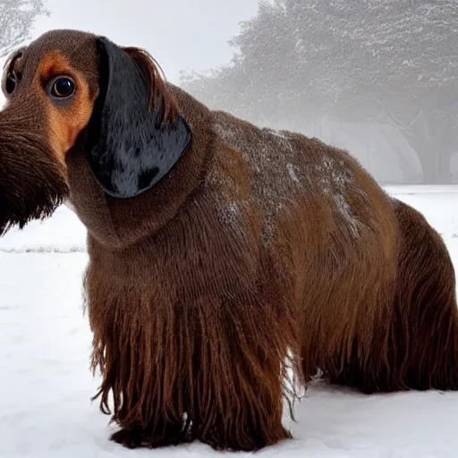 Image similar to Giant woolly dachshund with mammoth tusks, in the middle of a snow storm