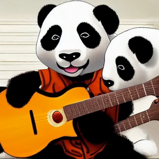 Prompt: real photo of panda playing guitar while sat on sofa