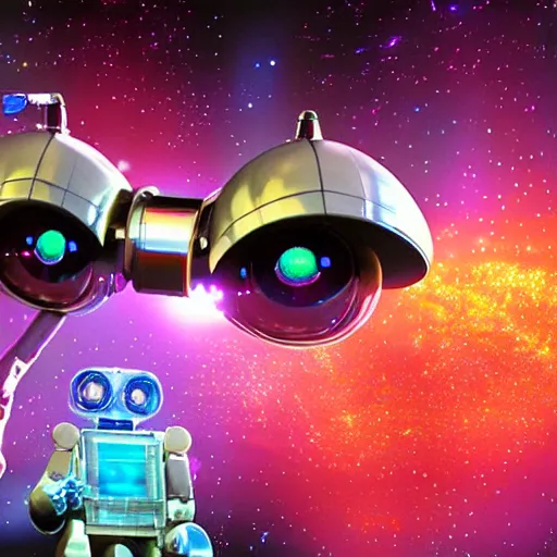 Image similar to 3 d rendered movie still colorful shiny pearlescent robots ( ( cat ) ), disco music, disco balls, dance - off, space battles. explores cosmos in a super awesome space ship. science fiction blockbuster movie, imax 7 0 mm. bladerunner, silent running, wall - e