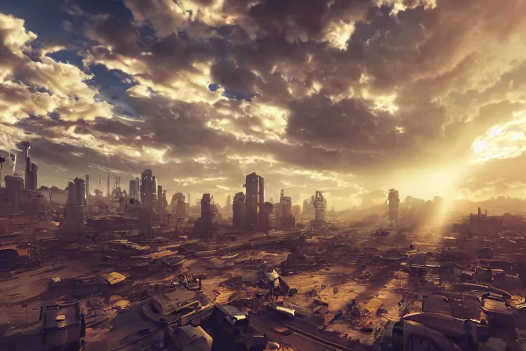 Prompt: a scenic view of an abandoned cyberpunk city in the middle of the desert, windy, clouds, ray of sunlight, beeple, ultra wide angle, light effect