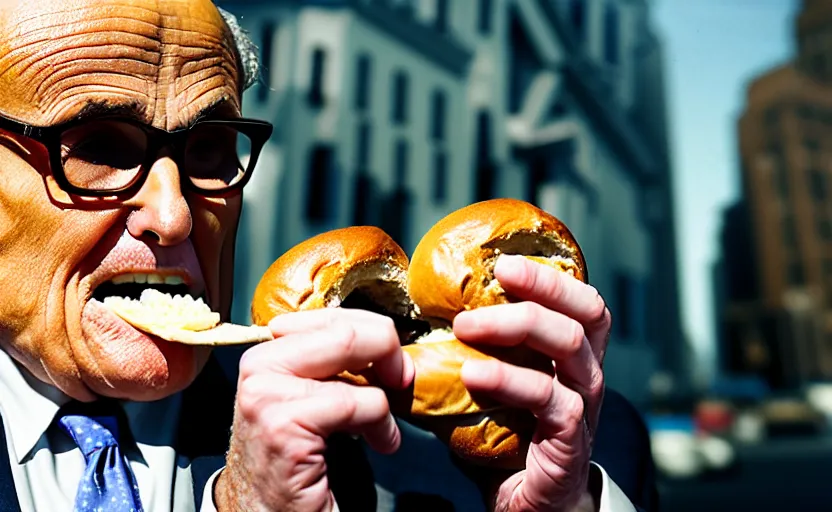 Prompt: photograph of Rudy Giuliani eating a bagel, one point perspective, 1-point perspective, tilt shift, sigma 85mm f/1.4, 4k, depth of field, high resolution, 4k, 8k, hd, full color