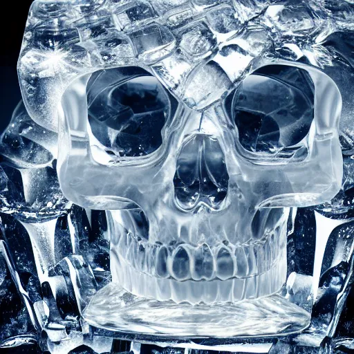 Image similar to a crystal skull inside a block of ice, high detail, 8 k, hd,