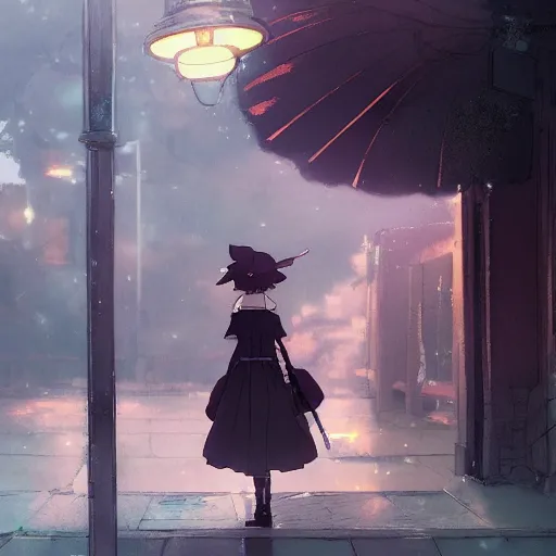 Prompt: anime key visual of a little witch waiting in a bus stop, cinematic lighting, dramatic atmosphere, by dustin nguyen, akihiko yoshida, greg tocchini, greg rutkowski, cliff chiang, 4 k resolution