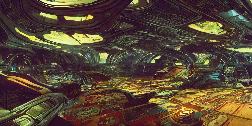 Image similar to cinematic shot of the interior of a sci-fi spaceship with ornate elven architecture, style of Roger Dean, style of Chris Foss