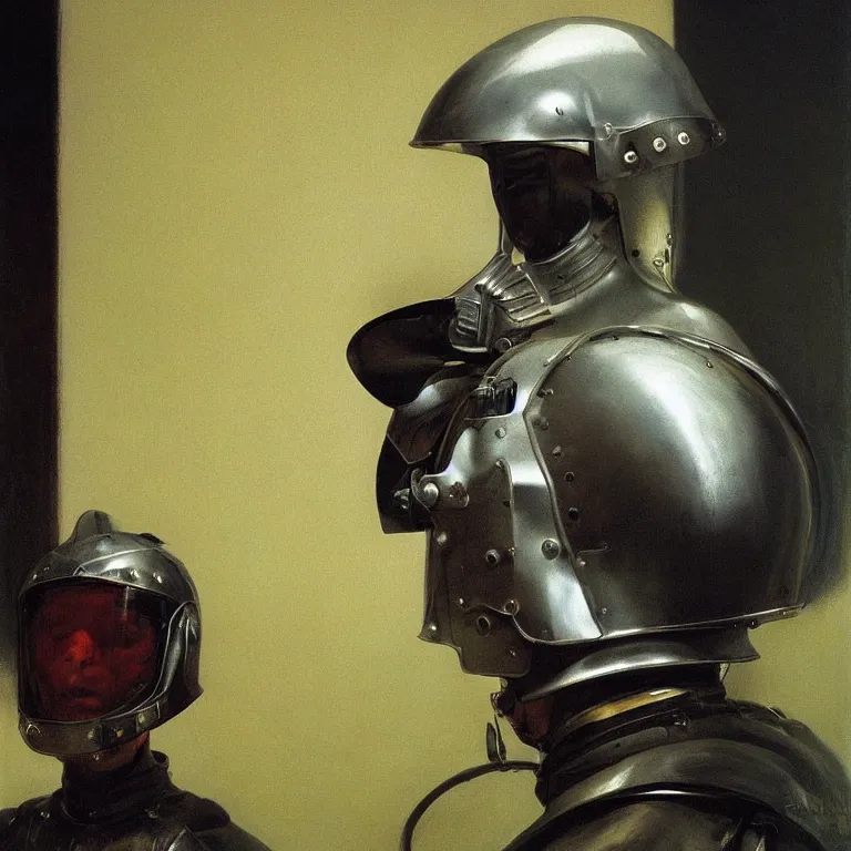 Image similar to portrait of a knight in a motorcycle helmet, fashion studio, lighting, 35mm , Edward Hopper and James Gilleard, Zdzislaw Beksinski, Steven Outram highly detailed
