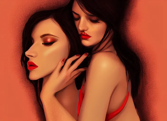 Prompt: woman love woman, sweet hugs, gold trim, atmoshperic, elegant, sharp focus, sand sea, red sun, huge lips, by kardie art ♥, trending on artstation, intricate details