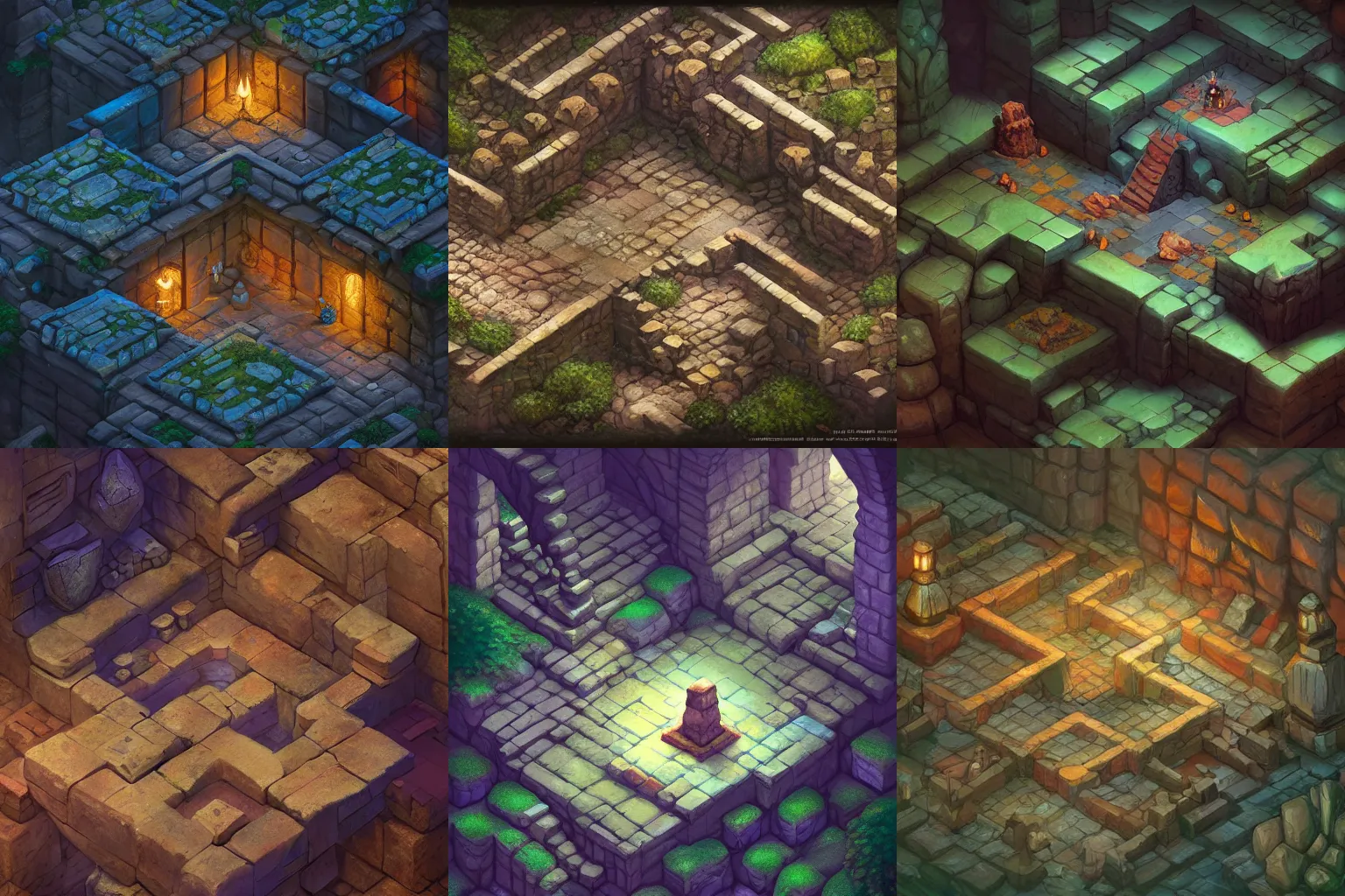 Prompt: a digital painting of an isometric stone dungeon tile by justin gerard, paul bonner, rpg game environment asset, dark background, highly detailed, volumetric lighting, digital art, isometric, artstation hd