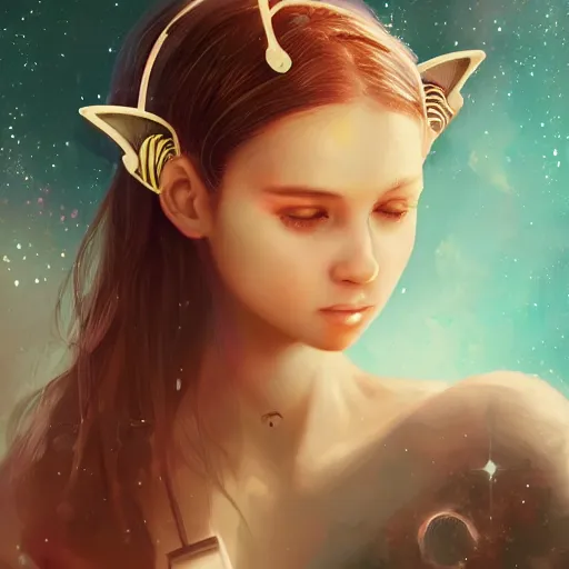 Image similar to portrait of a beautiful young girl with robot ears falling into the stars by Ross Tran, 4k, intricate details