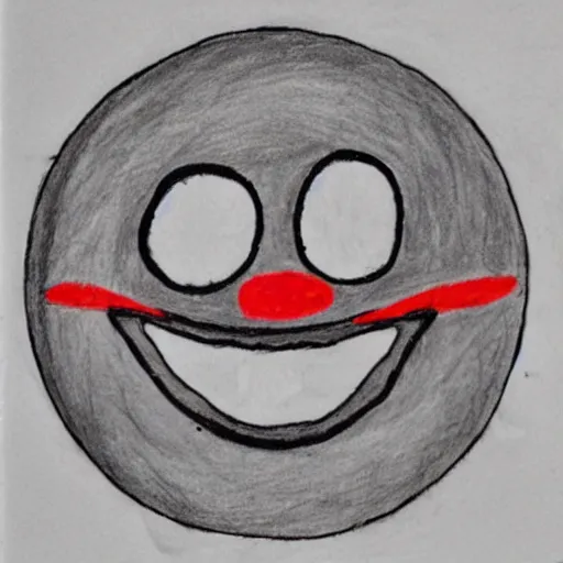 Prompt: primitive drawing of smiling circle face with thumb up hand and red eyes.