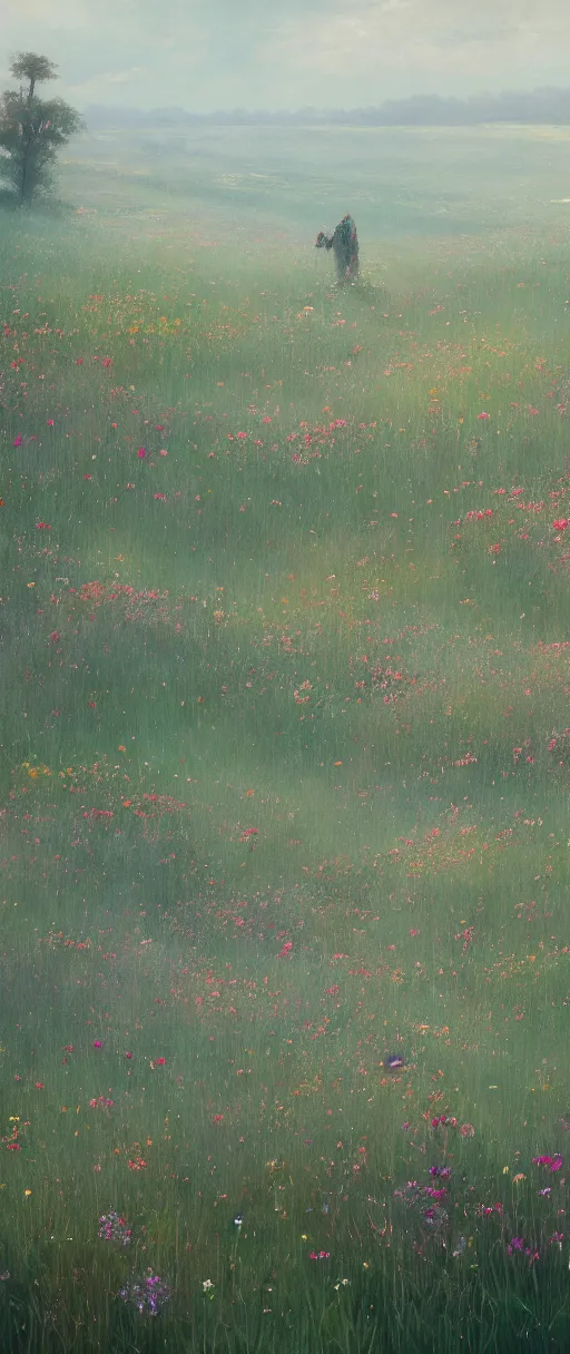 Image similar to A painting of a field of flowers trending on artstation in the style of Greg Rutkowski