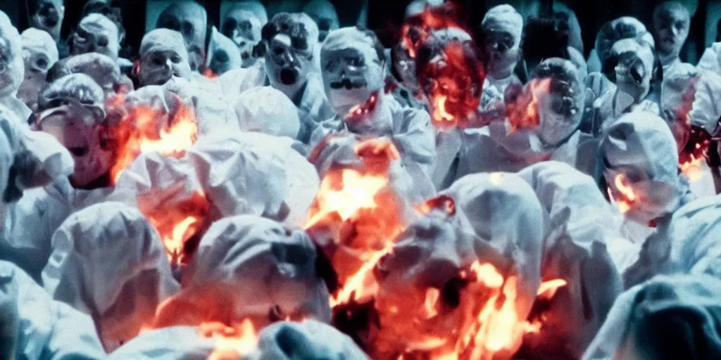 Image similar to filmic closeup dutch angle movie still 4k UHD 35mm film color photograph of a crowd of doctors burning alive inside of a science lab , in the style of a 1980s horror film